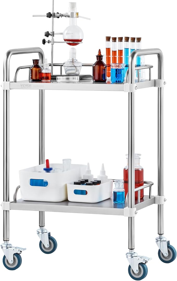 VEVOR Lab Rolling Cart, 2-Shelf Stainless Steel Rolling Cart, Lab Serving Cart with Swivel Casters, Dental Utility Cart for Clinic, Lab, Hospital, Salon, 15.16"x21.57"x34.06"