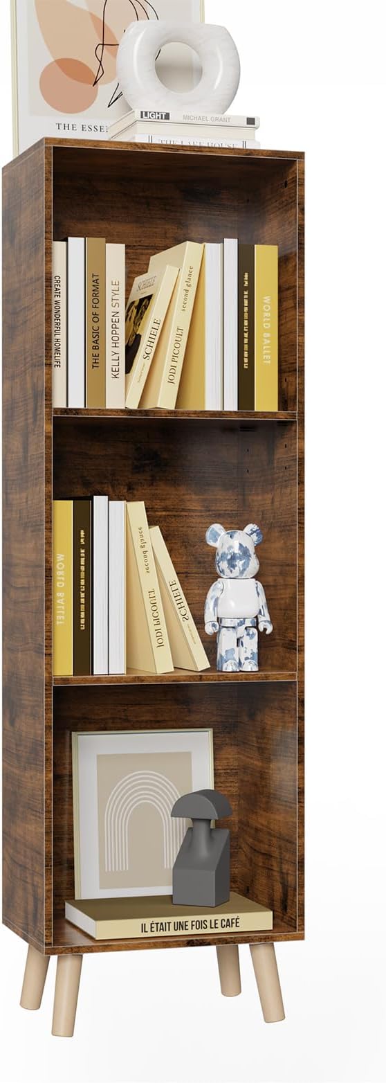 Lkeiyay Wooden 3 Cube Open Bookcase,3 Tier Mid-Century Bookshelf with Legs, Modern Storage Display Cabinet Organizer Bookshelves for Bedroom,Living Room,Office (Rustic Brown)