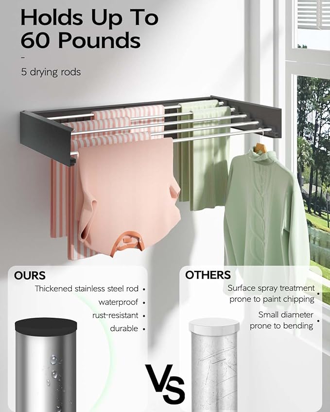 Wall Mounted Clothes Drying Rack 32", Foldable Wall Mount Laundry Rack Folding Indoor, Drying Rack Clothing Collapsible, Hidden Space Saver with Wall Template, 5 Rods, Black