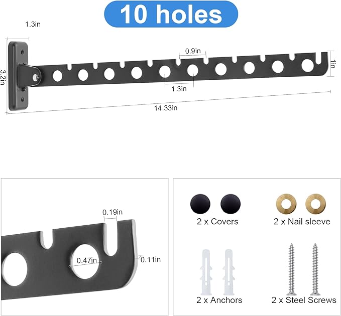 ACNISM Wall Mounted Clothes Rack, Laundry Room Hanging Rack, Retractable & Foldable Drying Rack with 180° Rotation, Space-Saver for Laundry Room & Bedroom, Bathroom Closet Storage, 1-Pack, Black