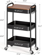 TOOLF 3-Tier Rolling Cart with Table Top, Metal Storage Cart on Wheels, Utility Organizer with Wooden Tray, Lockable Casters, Easy Assembly for Bathroom, Living Room, Office, Kitchen, Black
