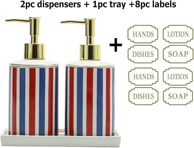 Patriotic Red, White & Blue Ceramic Soap Dispenser Set with Gold Pump – 3-Piece Bathroom & Kitchen Accessories with Tray, Refillable Lotion & Dish Soap Pump Bottles for Fourth of July & Nautical Décor