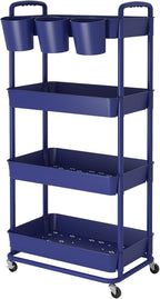JIUYOTREE 4-Tier Plastic Rolling Storage Cart Utility Cart with Extra Hanging Cups Handles Lockable Wheels for Living Room Bathroom Kitchen Office Blue