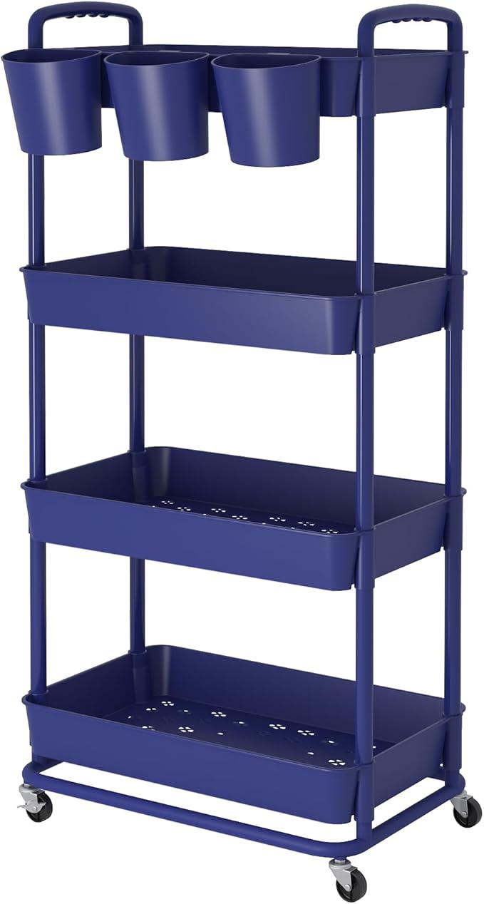 JIUYOTREE 4-Tier Plastic Rolling Storage Cart Utility Cart with Extra Hanging Cups Handles Lockable Wheels for Living Room Bathroom Kitchen Office Blue