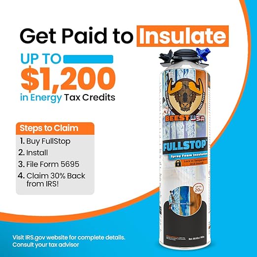 BEEST FullStop Spray Foam Insulation Kit for Walls and Attic - 240 Board ft/sq.ft. Perfect Heat & Acoustic Insulation for Reduced Energy Bills - 12x Spray Foam Can, 2X Cleaner, Pro X Gun & Safety Gear