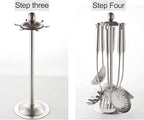 Firlar Kitchen Utensil Holder Organizer, Stainless Steel Kitchen Hooks Rack Kitchen Utensil Stand Countertop 360 Degree Rotating Utensil Holder with 6 Hooks for Kitchen Tabletop