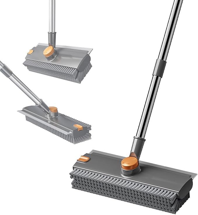 Floor Scrubbing Brush with Squeegee,2 in 1 Grout Brush with 54" Adjustable Long Handle,V-Shape Stiff Brush Bristle,360°Rotation,Bathroom Cleaning Brush for Tile,Deck,Garage,Kitchen,Swimming Pool,Grey