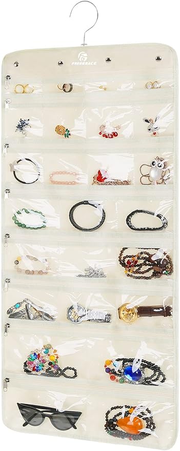 Freegrace Hanging Jewelry Organizer Revolving Hanger - Secure Zipper Closure - 25 Pockets,23 Hooks - Foldable Storage & Display Solution - For All Jewelry & Bijoux (Beige)