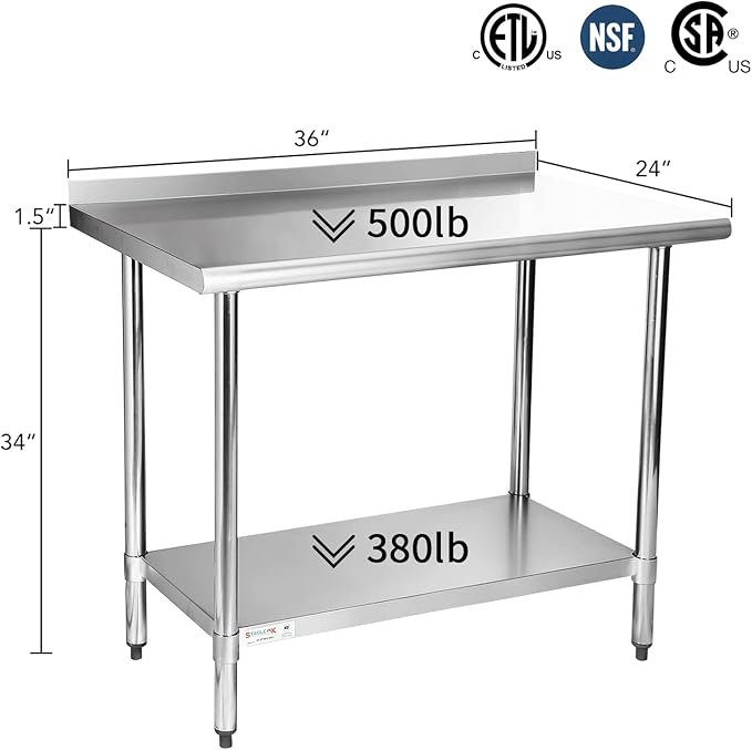 STABLEINK NSF Stainless Steel Table, 24 x 36 Inches Metal Prep & Work Table with Backsplash, Adjustable Undershelf and Table Foot, for Commercial Kitchen, Restaurant (Without Caster Wheels)