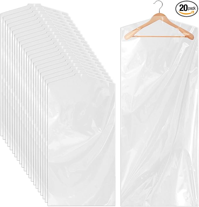 20 PCS 60 Inch Plastic Garment Bag, Dry Cleaner Bags Laundry Bags, Clear Hanging Clothing Covers for Long Dresses Skirt Coat Suit Shirt Jacket