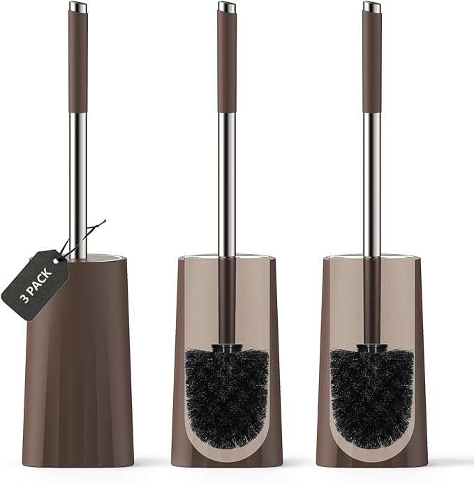 SetSail Toilet Brush, Compact Size Toilet Bowl Brush and Holder Toilet Brushes for Bathroom with Stainless Steel Handle Toilet Cleaner Brush with Durable Scrubbing Bristles, 3 Packs,Brown