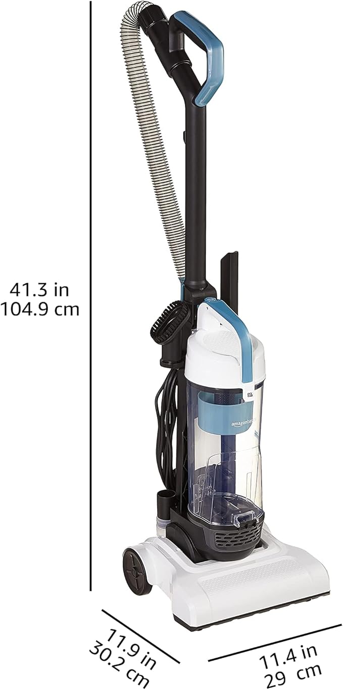 Amazon Basics Upright Bagless Vacuum Cleaner for Carpet and Hard Floors, With Crevice and Upholstery Tools, Detachable Handle, Lightweight (8.4 lbs), 1.7L Dust Cup, 720W, 25ft Cord, Black/White