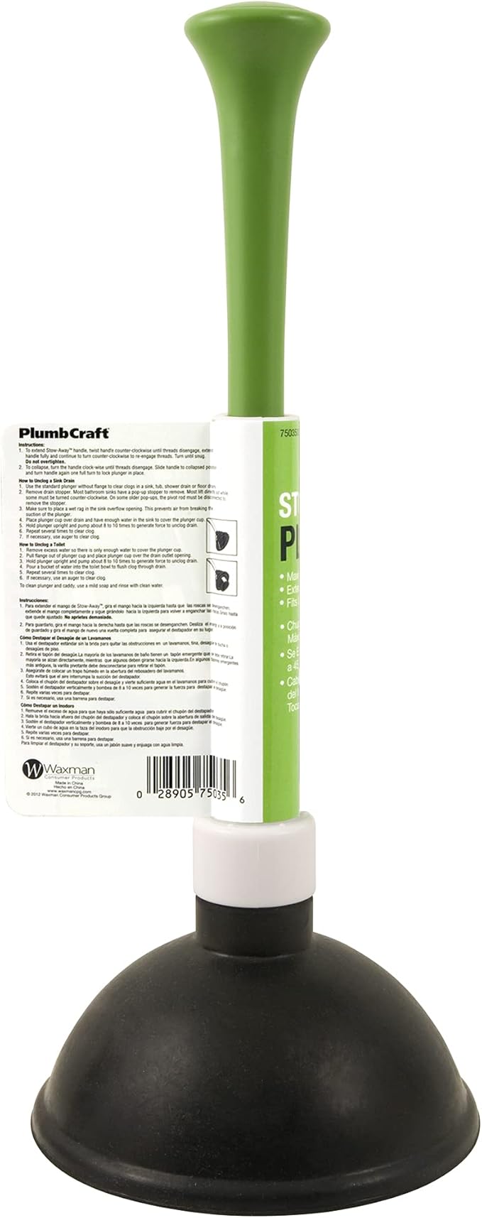 PlumbCraft 14-18-in. Stow-Away Plunger with Adjustable Handle 7503500, Heavy Duty Toilet Plunger for Households, Ergonomic Plunger to Unclog Toilet, Toilet Bowl Plunger with Ergonomic Handle