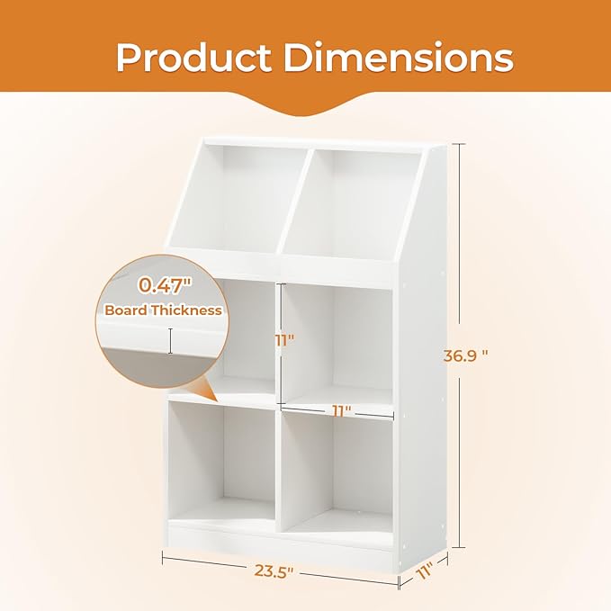 6-Cube Wooden Storage Bookcase - 11-Inch Open Shelf Cabinet, Simple Modern Bookshelf Organizer for Home Office, Living Room, White