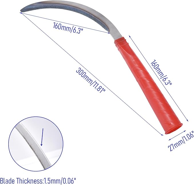 1pce 300mm/11.81in Carbon Steel Billhook Brush Clearing Sickle for Grass,Weeding Tools for Garden,Curved Sawtooth Sickle,Machete Axe for Cutting Trees,Steel Blade Knife in Hand