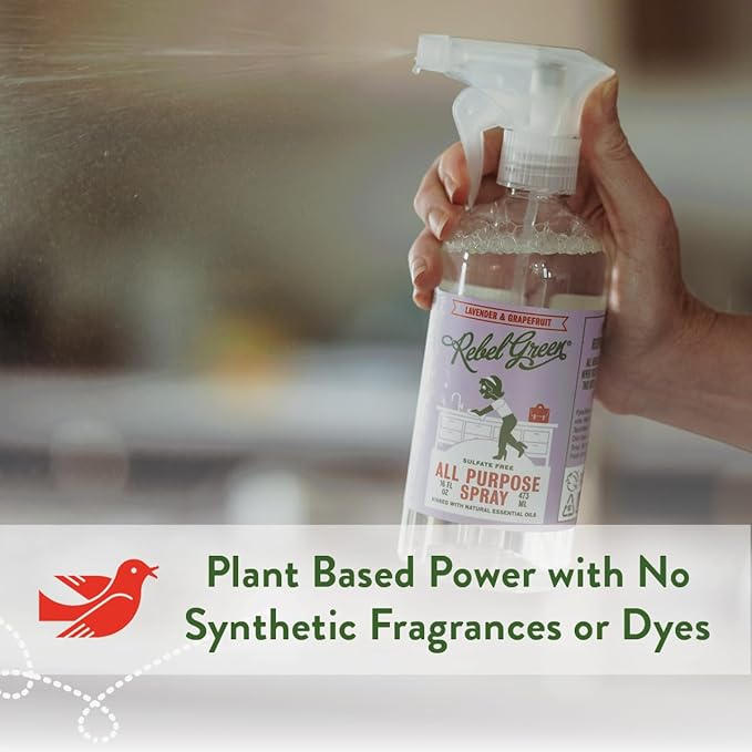 Rebel Green Natural All Purpose Cleaning Spray | Multi purpose Cleaner for Home & Kitchen | Eco-Chic Multi Surface Cleaner with Essential Oils (Lavender & Grapefruit, 16.00 Fl Oz & 64.00 Fl Oz Refill)