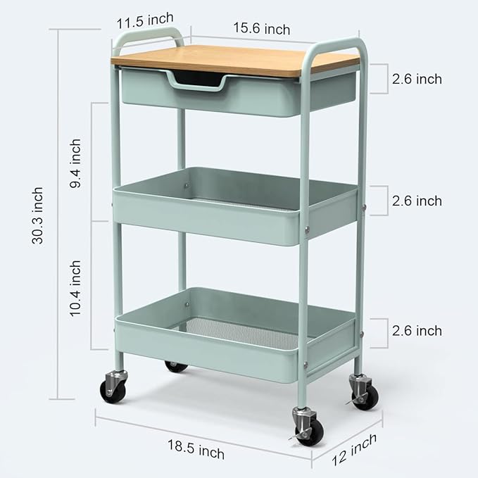 3 Tier Rolling Cart, Utility Cart with Drawer and Table Top, Metal Rolling Kitchen Storage Organizer Cart with Handle and Locking Wheels for Bathroom Office Balcony Living Room