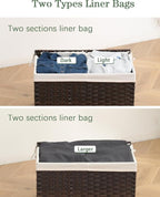 Storage Basket with Lid Wicker Baskets for Storage with 2 Separate Lid 42.3 Gallon (160 L) 29.9 x 17.3 x 18.1 Inches Rattan Woven Large Wicker Basket with 2 Liners for Bedroom Laundry Brown