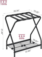 Set of 2 Foldable Black Luggage Rack Stands with Storage Shelves – Heavy Duty Metal Holders, 150 lbs Top, 50 lbs Bottom Each, Fits 20”-28” Luggage – Guest Room, Bedroom, Hotel LR-BK-2