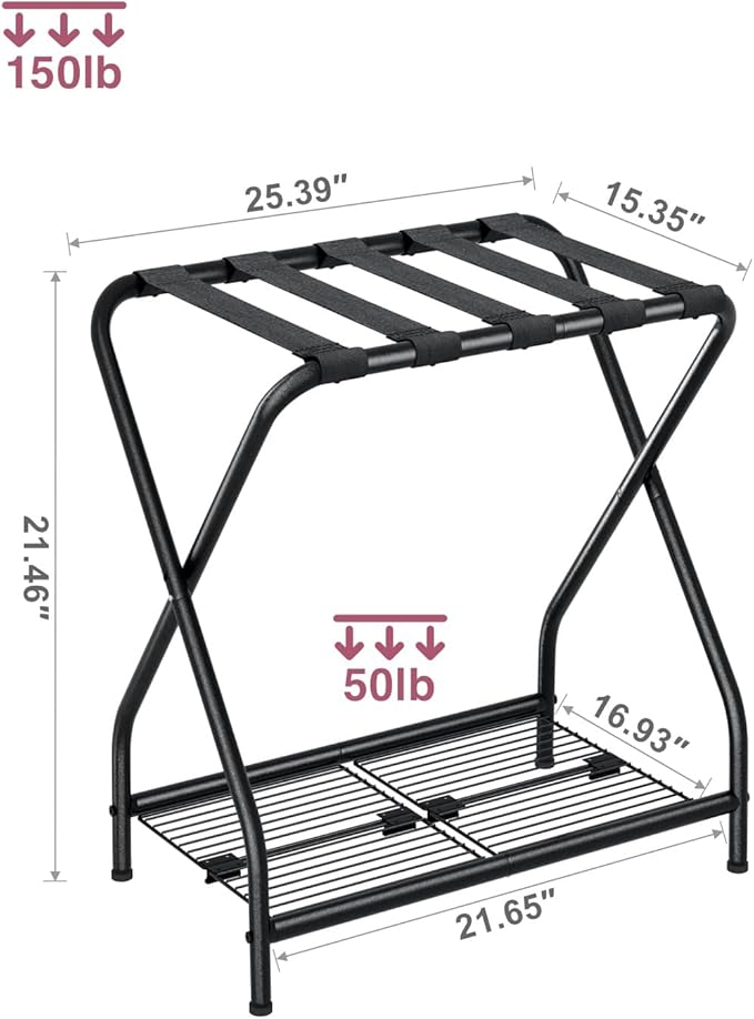 Set of 2 Foldable Black Luggage Rack Stands with Storage Shelves – Heavy Duty Metal Holders, 150 lbs Top, 50 lbs Bottom Each, Fits 20”-28” Luggage – Guest Room, Bedroom, Hotel LR-BK-2