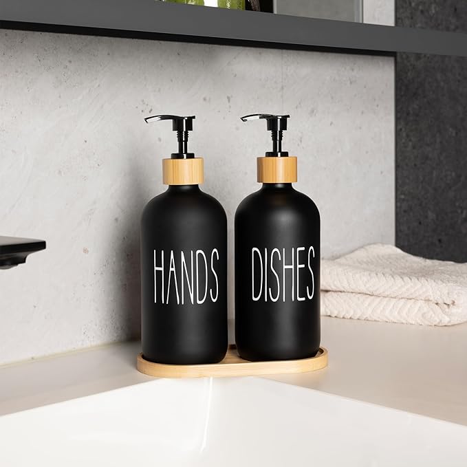 Matte Black Glass Soap Dispenser Set Hand and Dish Soap Dispensers Suitable for Rustic Kitchen Decor (Black)