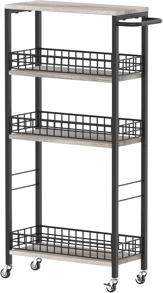 4 Tier Slim Storage Cart Narrow Laundry Cart on Wheels Utility Kitchen Rolling Cart with Wood Tabletop Mobile Shelving Unit Bathroom Storage Organizer Slide Out Rolling Tower for Narrow Spaces