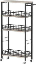 4 Tier Slim Storage Cart Narrow Laundry Cart on Wheels Utility Kitchen Rolling Cart with Wood Tabletop Mobile Shelving Unit Bathroom Storage Organizer Slide Out Rolling Tower for Narrow Spaces