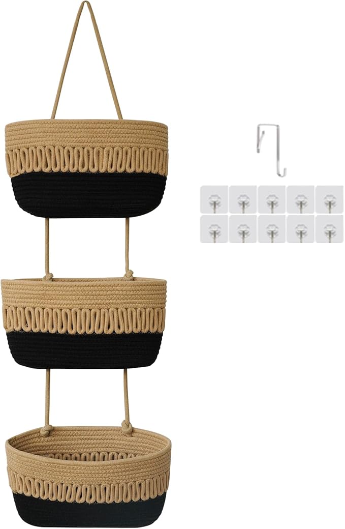 danpinera Over the Door Hanging Baskets for Organizing, 3-Tier Hanging Wall Basket for Storage, Woven Cotton Rope Baskets Storage Decorative for Nursery, Bedroom, Living Room, Kitchen, Jute & Black