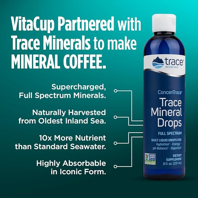 VitaCup Mineral Coffee Pods with Trace Minerals, Hydrate, Replenish & Restore, w/Sea Minerals, Electrolytes, Organic Coffee, Medium Dark Roast, Single Serve Pod Compatible w/Keurig K-Cup Brewers,64 Ct