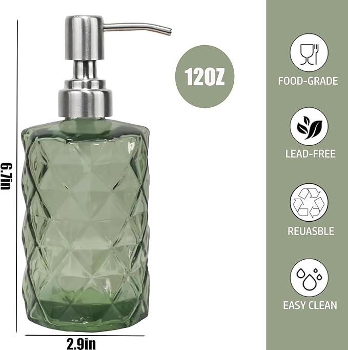 12Oz Green Glass Soap Dispenser with Stainless Steel Pump, Refillable Kitchen Liquid Hand Soap Dispenser with Diamond Design, for Dispense Hand soap, Dish Soap, Lotion, Bathroom, Countertop, Hotel