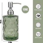 12Oz Green Glass Soap Dispenser with Stainless Steel Pump, Refillable Kitchen Liquid Hand Soap Dispenser with Diamond Design, for Dispense Hand soap, Dish Soap, Lotion, Bathroom, Countertop, Hotel