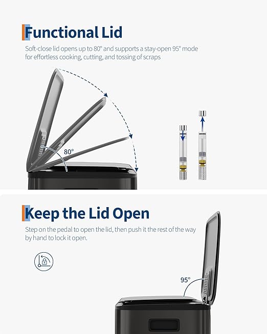 GarveeHome 2 x 10.6 gal (2 x 40 L) Double Kitchen Trash Can, Stainless Steel Large Trash Can w/Soft-Close Lid & Recycle Bin Combo, Step-on Metal Garbage Cans, PP Inner Buckets, Liner Rim, Black