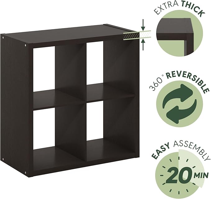 Furinno Cubicle Open Back Decorative Cube Storage Organizer, 4-Cube, Black Dark Oak
