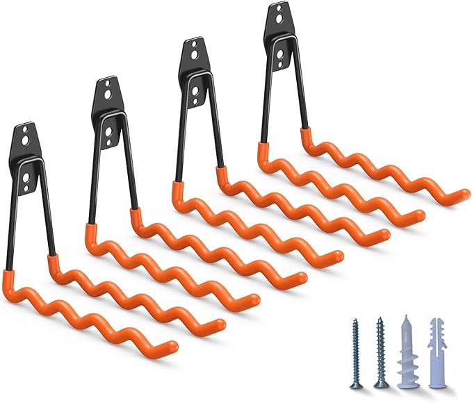 Heavy Duty Garage Hooks 4 Pack, 7.7 inch Wave Long Hanger, Wall Mounted Storage System, Power and Garden Tool Organizer, for Hanging Ladders, Bikes, Hose, Bulk Items and More