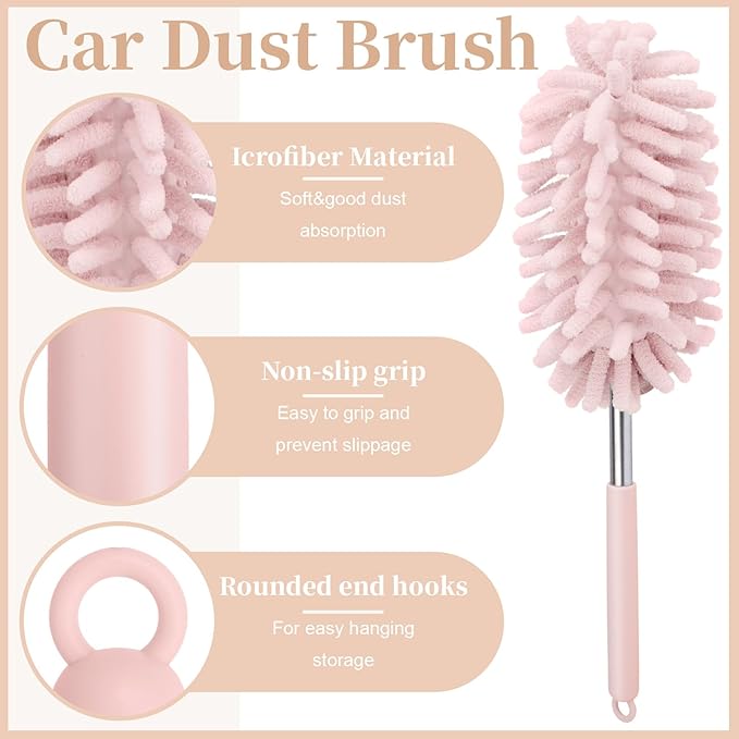 2 PCS Car Interior Duster with Extension Pole, Microfiber Car Duster with Bendable Head, Cars Dusters Exterior&Interior Scratch Free, for Cleaning of Vehicle Details, Offices, Windows(Pink)