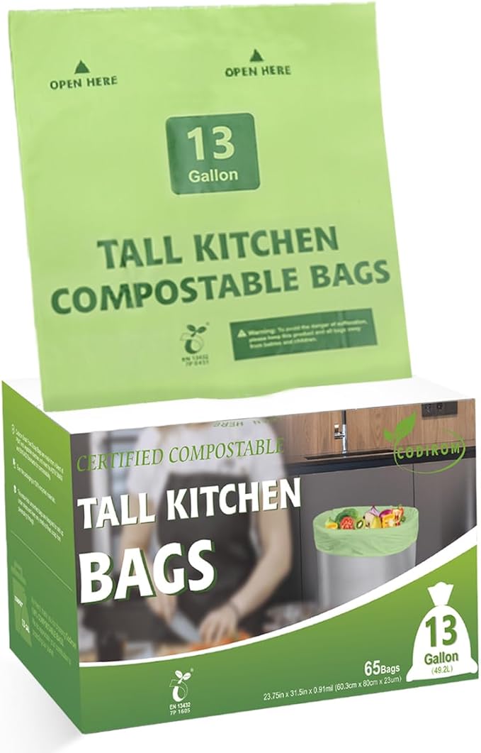 100% Compostable Trash Bags, 13 Gallon, 49.2 Liter, 0.91 Mils, 65 Count Kitchen Tall Food Scrap Compost Bags for Tall Kitchen Trash Cans with Europe EN13432 Certified