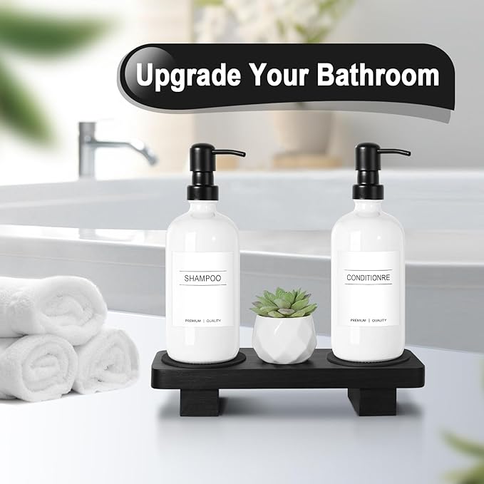 Hand Soap Dispenser for Kitchen, White Soap Dispensers with Stainless Steel Pump, Bathroom Soap Dispenser Set with Wood Riser Tray, Kitchen Dish Soap Dispensers Bathroom Decor(White)