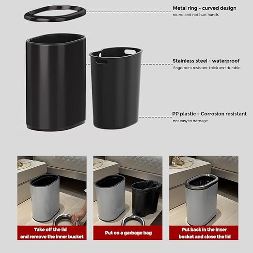 2.4GAL Gloss Black Bathroom Trash Can,Silm Garbage Can with Garbage Bag Inner Lining,Suitable for Bathroom,Bedroom,Hotel,Office,RV (Black Gold)
