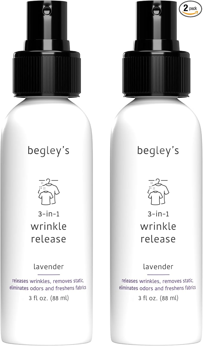 Begley's 3-in-1 Wrinkle Remover, Quick Fix Wrinkle Release, Static Cling Remover, Odor Eliminator and Fabric Refresher Spray - USDA Certified Biobased - Lavender, 3 oz Travel Size