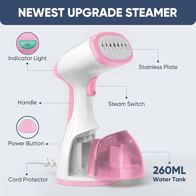 Steamer for Clothes, Kolohoso 1500W Fast Heat Up Handheld Garment Steamer, Portable Travel Clothing Fabric Steamer with Upgraded Nozzle and 260ml Water Tank (PINK)