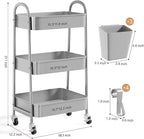 Gray 3 Tier Rolling Storage Cart on Wheels, Sturdy Metal Organizer Cart with Wheels and Handle, Three Tiered Utility Carts for Book, Art, Craft, Snack, Cleaning, Kitchen, Easy Assembly, Mesh Shelves