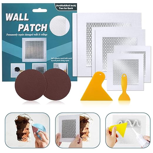 4" 6" 8" (Two of Each) Wall Repair Patch, Plasterboard Patch, Safe Mend Plaster Repair Kit, Safemend Drywall Repair Adhesive, Filler for Walls Ceiling Hole, Self Adhesive Aluminum Mesh Wall Repair