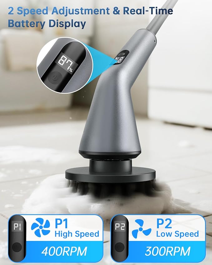 Electric Spin Scrubber, IPX7 Waterproof Dual Speed Cordless Cleaning Brush with 7 Brush Heads, Extendable Long Handle Shower Scrubber for Bathroom Shower Bathtub Glass Tub Tile Floor Car