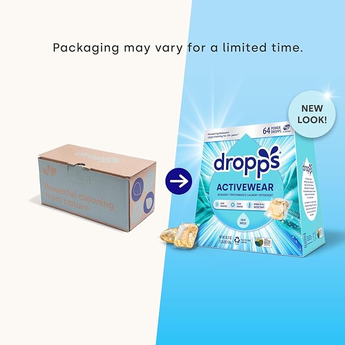 Dropps Activewear Biobased Power Laundry Detergent Pods, Crisp Breeze (64 Count) - Laundry Pods Fights Tough Stains & Odors, Sweat & Dirt - HE Compatible Laundry Supplies for Clean Clothes