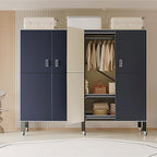Heavy Duty Covered Clothes Rack with Magnetic Door Foldable Portable Wardrobe Closet for Hanging Clothing Rolling Black Metal Garment Rack on Wheels Closet System (Navy Blue, 70.89in)