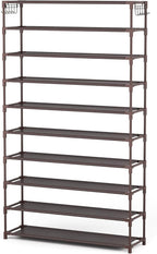 LANTEFUL 10 Tiers Shoe Rack 50 Pairs Large Capacity Tall Shoe Organizer Sturdy Shoe Storage with Two Hooks Space Saving Metal Wide Shoe Rack for Closet, Entryway, Bedroom, Brown