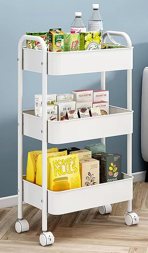 XIUSHE 3-Tier Metal Utility Cart Rolling Storage Organizer, Portable and Sturdy, Ideal for Office, Kitchen, Bathroom, Kids' Room, Classroom, White