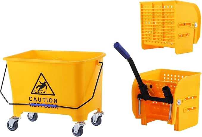 Ridgeyard 5.28 Gallon Side Press Yellow Mop Bucket with Wringer, Mop Bucket with Wringer Set for Home Use, Dirty Water Separator, 11x16.92x27.55 Inch