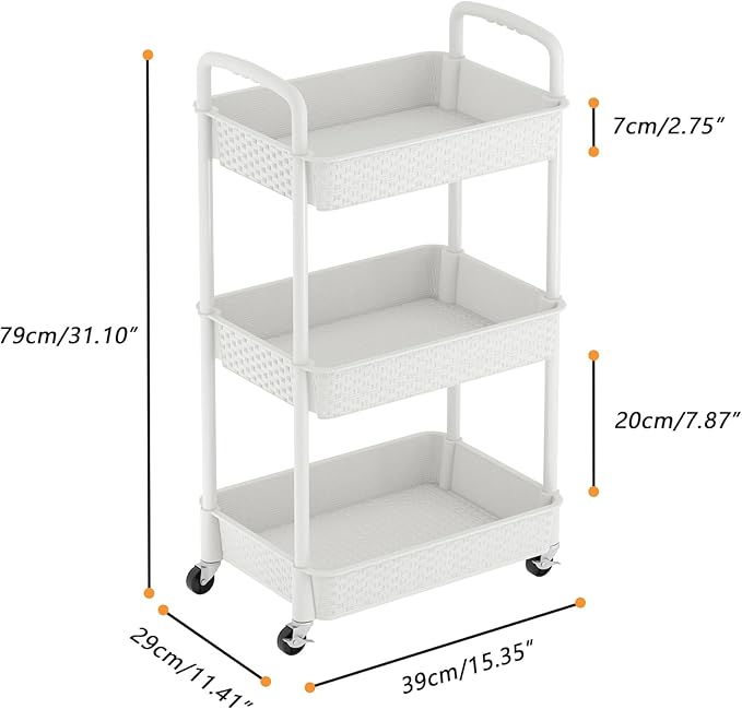 MOYIPIN 3-Tier Plastic Rolling Utility Cart with Handle,Utility Storage Cart for Office, Living Room, Kitchen,Movable Storage Organizer Shelves,White