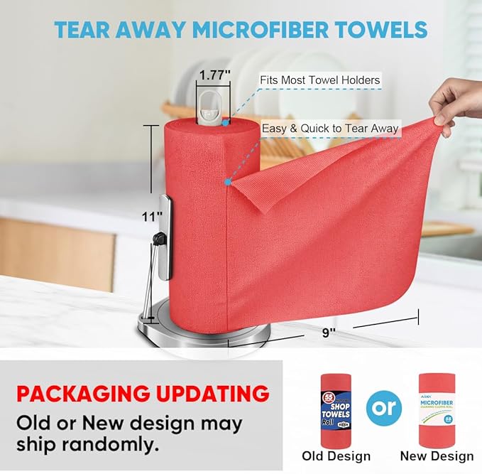 AIDEA Microfiber Cleaning Cloth Roll, Red Shop Towels 55 Sheets Washable, Microfiber Towels for Cars, Shop Rags Reusable Paper Towel for Automotive, Workshop, House, Kitchen, Cleaning Supplies11×9"